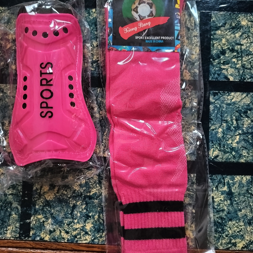 Pink Sports Shin Guards and Socks Set